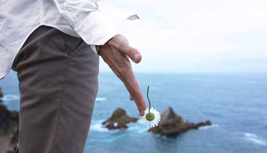 hombre deja caer una flor mirando al mar